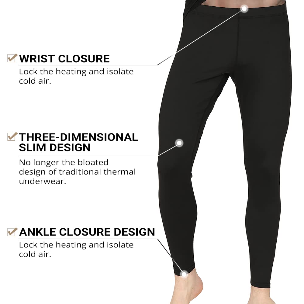 Thermal Underwear Men Ultra Soft Long Set Base Layer Skiing Winter Warm Top  & Bottom, Black, L