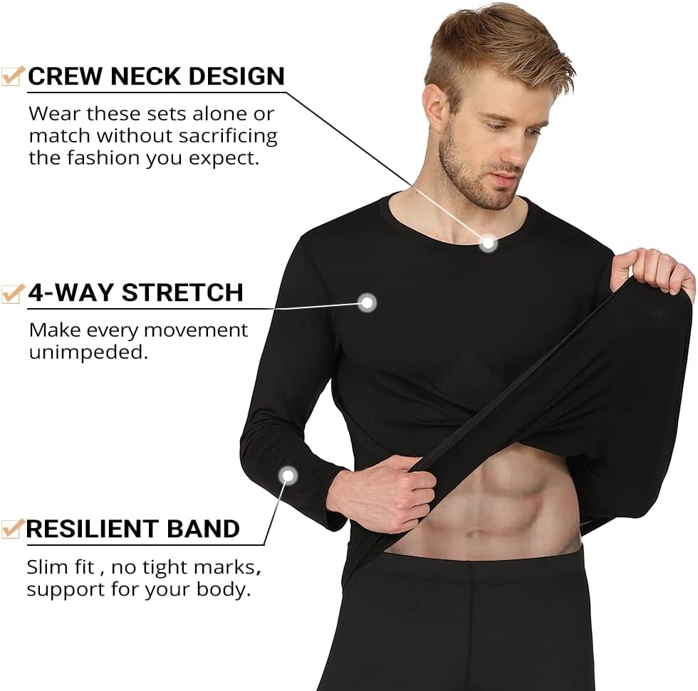 HEROBIKER Mens Thermal Underwear Set Skiing Winter Warm Base Layers Tight Long Johns Top & Bottom Set with Fleece Lined Black