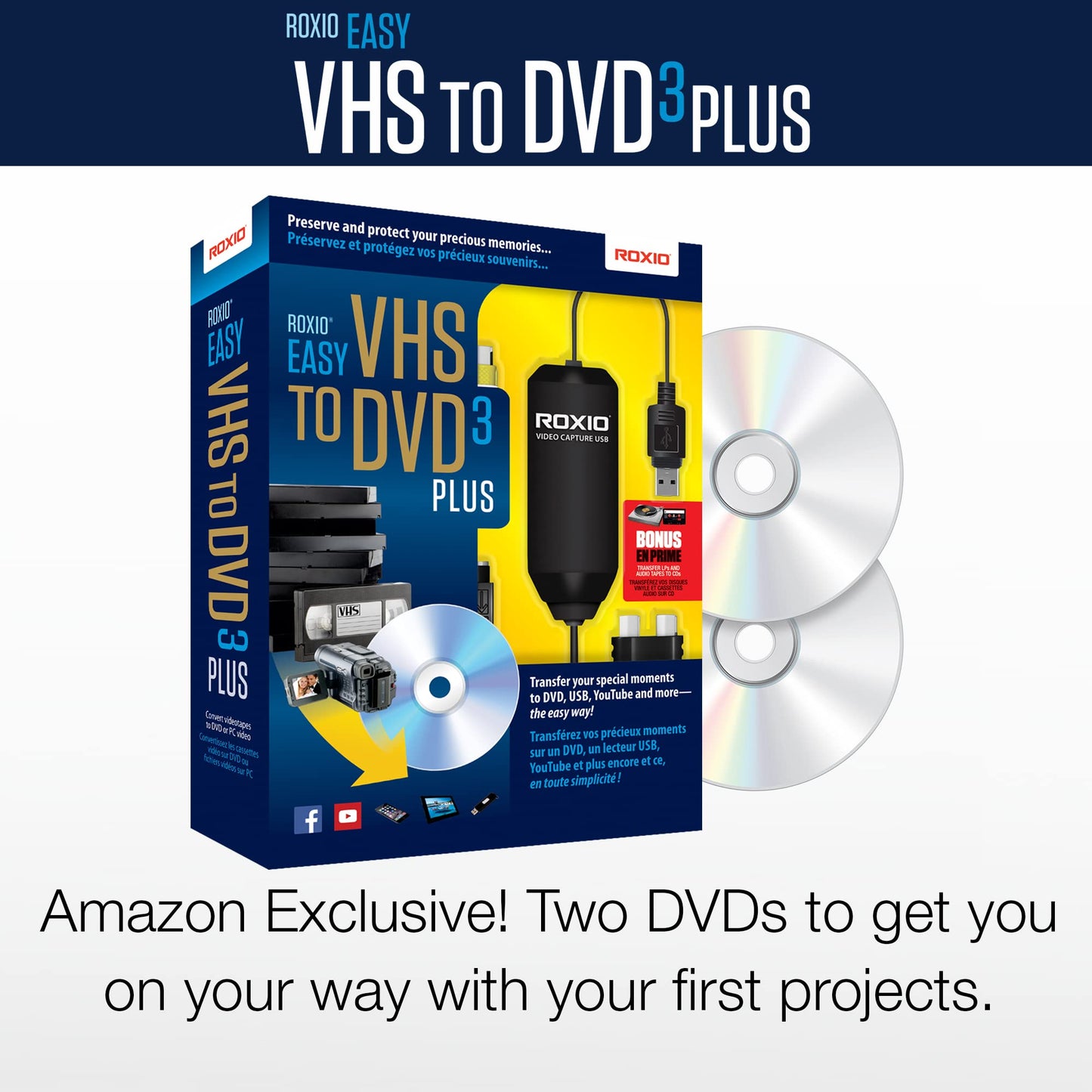 Roxio Easy VHS to DVD 3 Plus | VHS, Hi8, V8 Video to DVD or Digital Converter | Amazon Exclusive 2 Bonus DVDs [Windows]