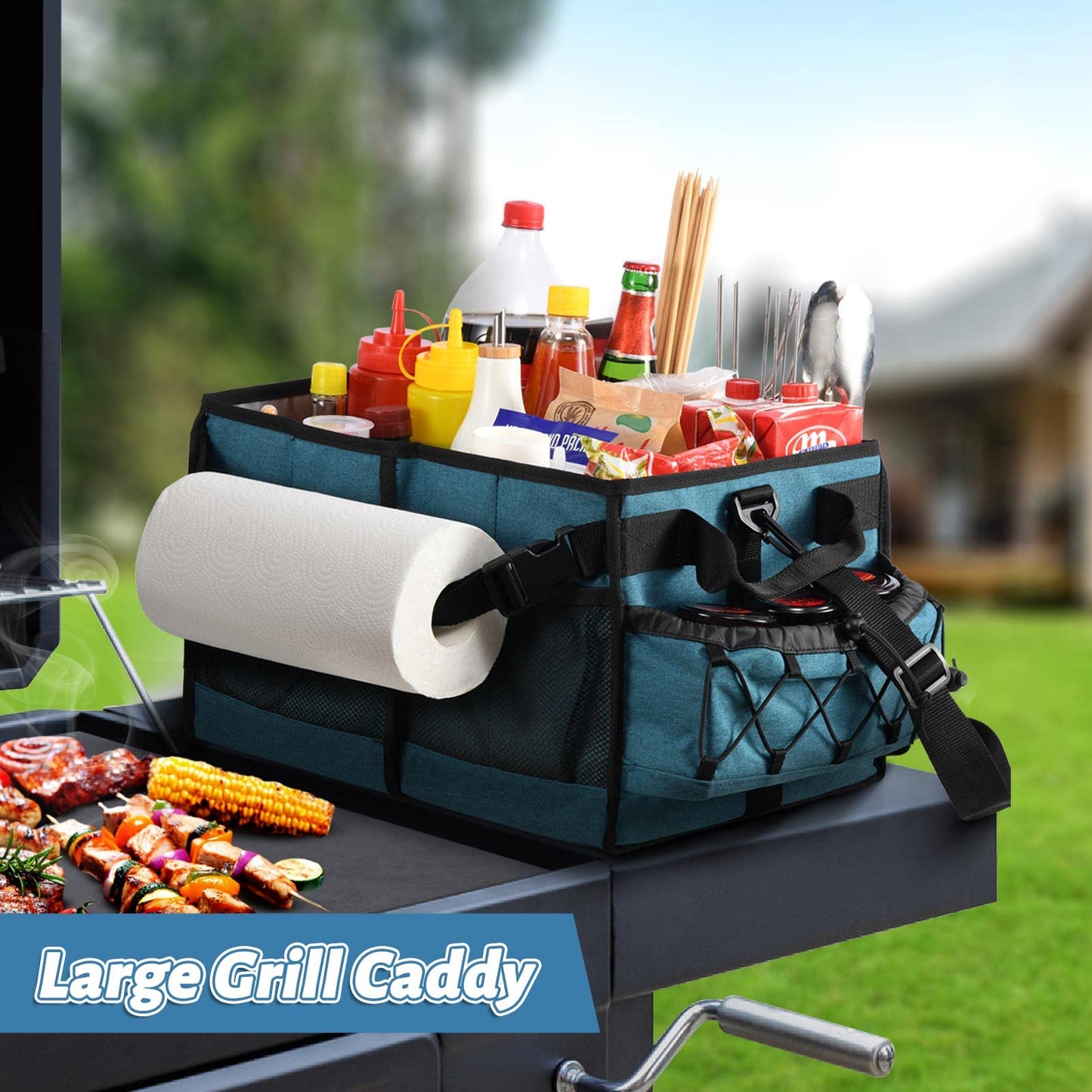 Lorbro Grill Caddy, BBQ Caddy with Paper Towel Holder, Utensil Caddy with Condiment Pocket, Collapsible Picnic Basket Camping Gear Must Haves for Outdoor, Gift, Grilling Tool, Barbecue, RV