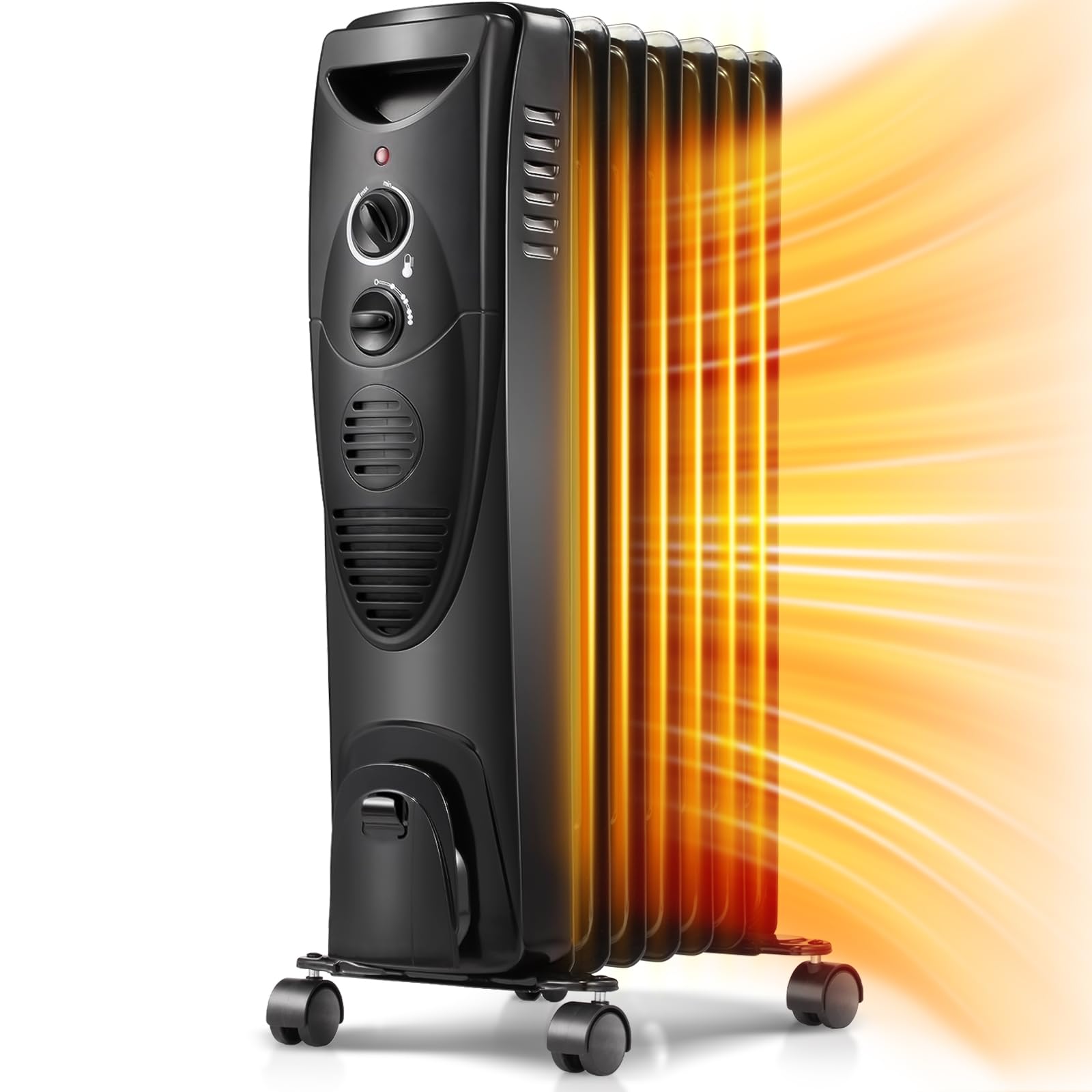 Kismile 1500W Oil Filled Radiator Heater, Portable Electric Heater with 3 Heat Settings, Adjustable Thermostat, Overheat & Tip-Over Protection, Oil