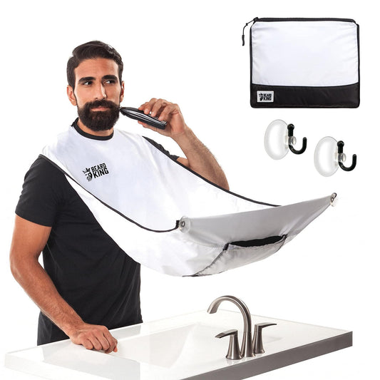 Beard King Beard Bib Apron - Christmas Gifts & Stocking Stuffers for Dad - As Seen on Shark Tank - Men's Hair Catcher for Shaving - Grooming Accessories - Packing Pouchl, White