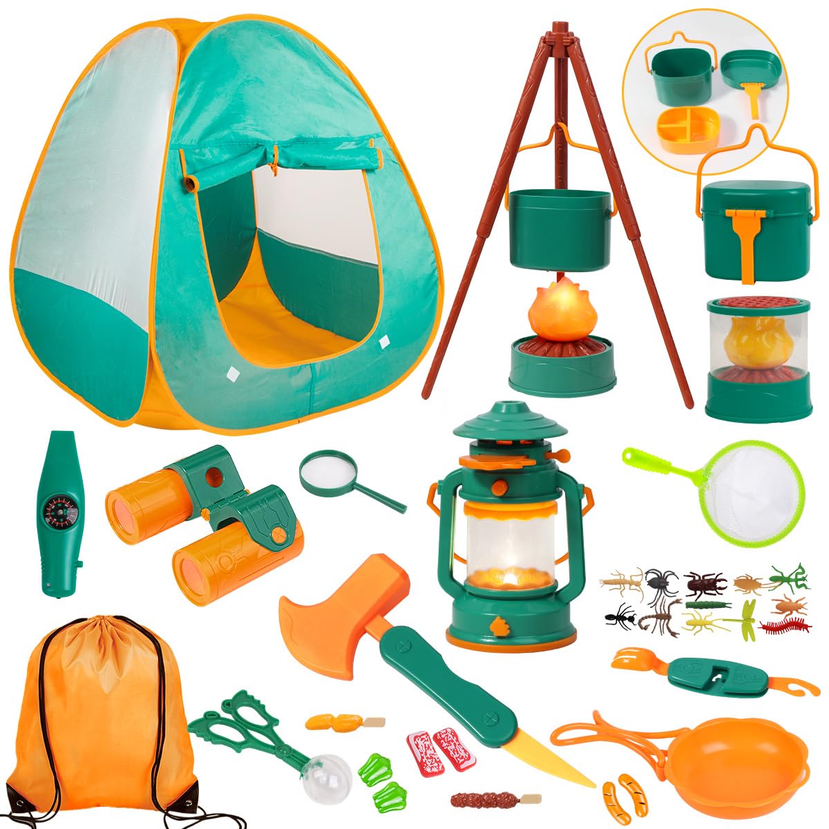 Meland Kids Camping Set with Tent - Toddler Toys for Boys with Campfire, Camping Toys for Kids Indoor Outdoor Pretend Play, Gift Idea for Boys Age 3,4,5,6 Year Old Birthday Christmas (Green)