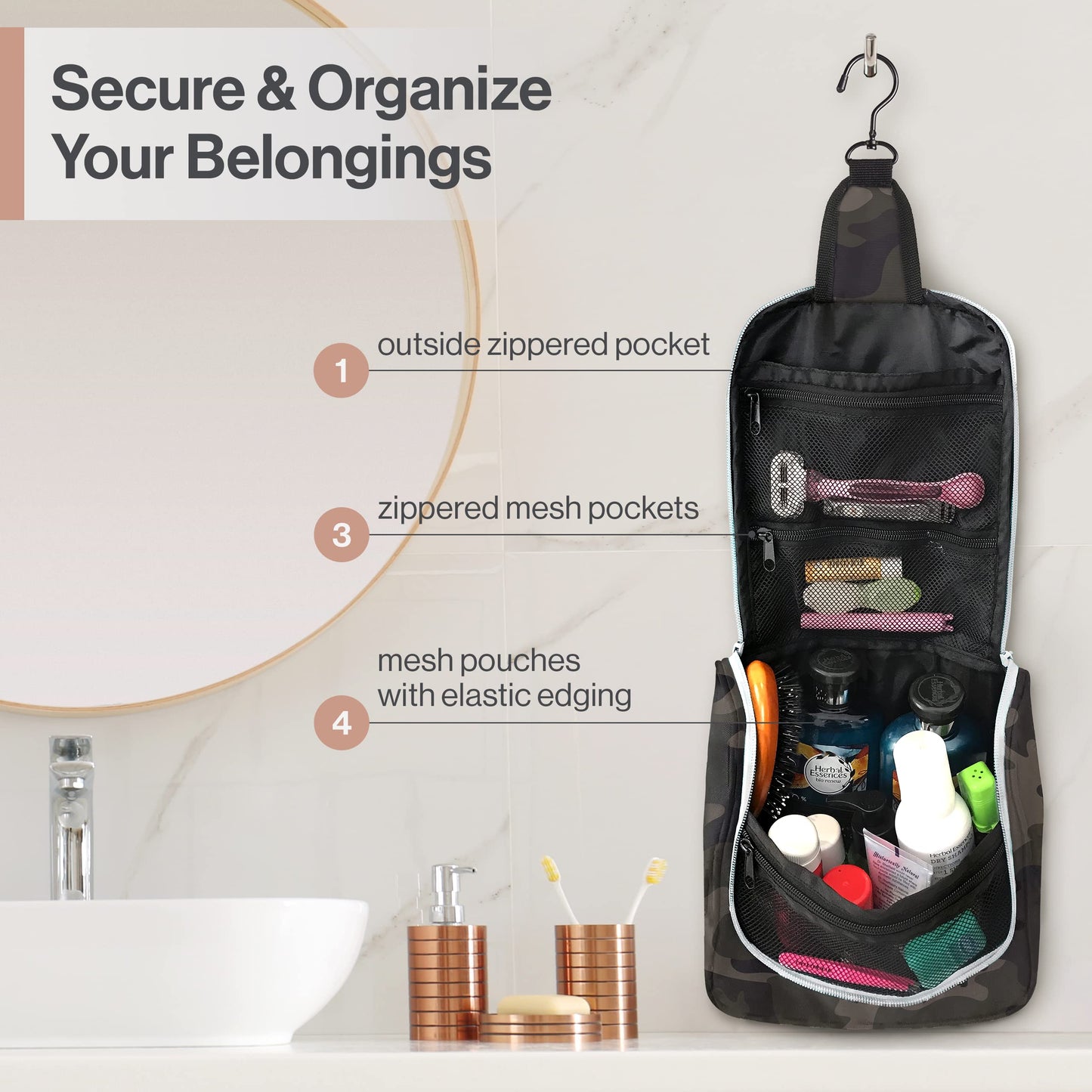 Wayfarer Supply Hanging Travel Toiletry Bag - Large Cosmetic Bag Organizer for Toiletries, Makeup and Shaving Supplies - Cruise and Travel Essentials for Women & Men, Camouflage