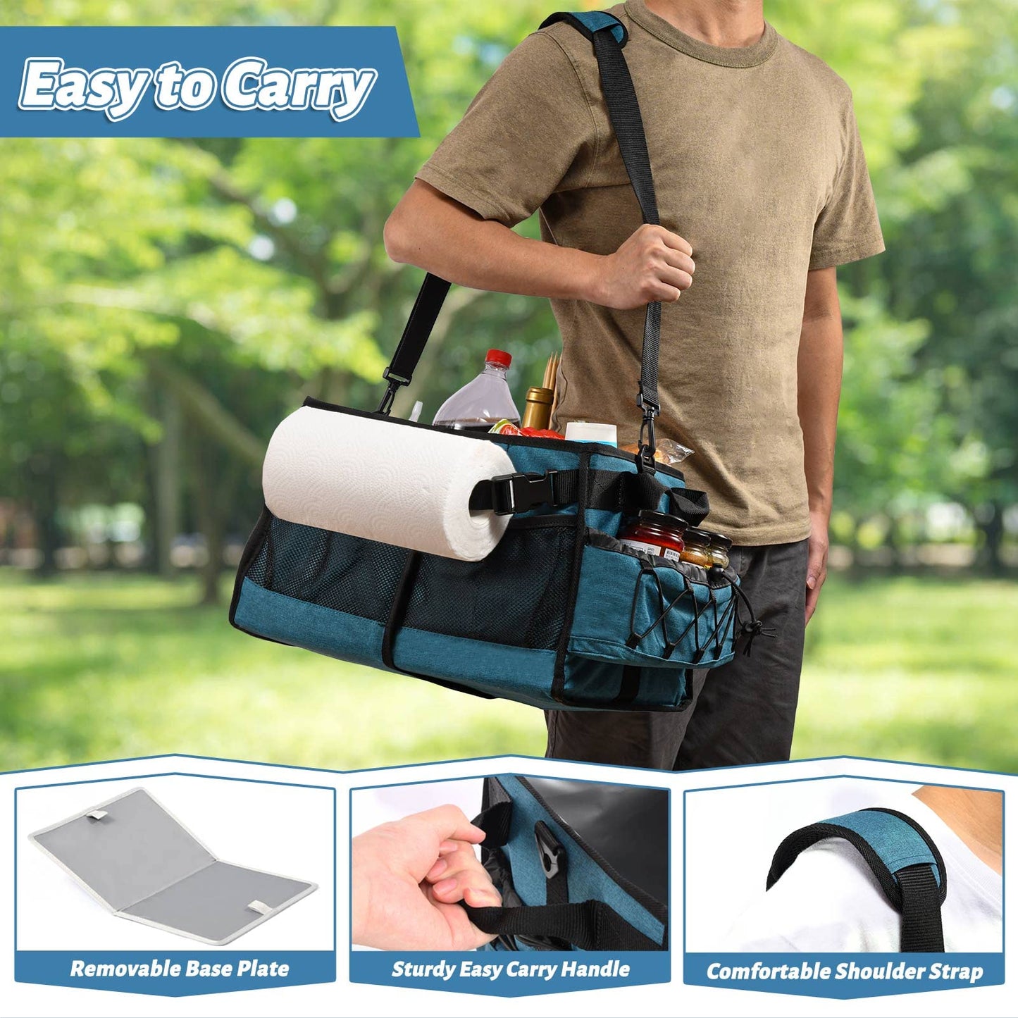 Lorbro Grill Caddy, BBQ Caddy with Paper Towel Holder, Utensil Caddy with Condiment Pocket, Collapsible Picnic Basket Camping Gear Must Haves for Outdoor, Gift, Grilling Tool, Barbecue, RV