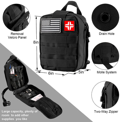 Survival Kit and First Aid Kit, 142Pcs Professional Survival Gear and Equipment with Molle Pouch, for Men Dad Husband Who Likes Camping Outdoor Adventure (Black)