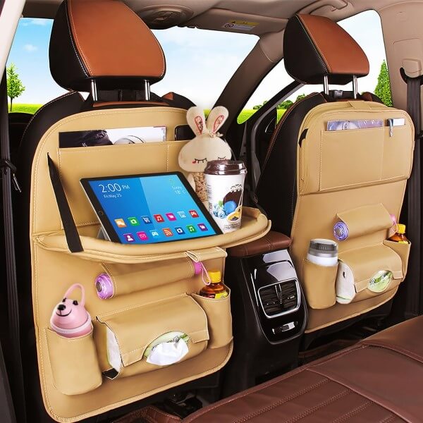 2 Pack Car Back seat Organizer with Foldable Table Tray, PU Leather Car  Back seat Organizer for Babies Toys Storage with Foldable Dining Table  Holder