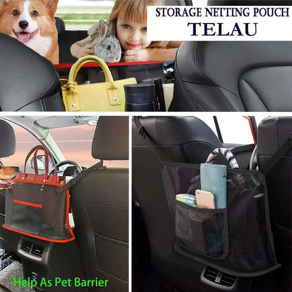 Car Handbag Holder with 4 Headrest Organizing Hooks, Leather Front Seat Purse  Holder Storage Net, Between Seats Car Organizer with Pocket, Accessory  Cache, Book Organizer and Pet Barrier