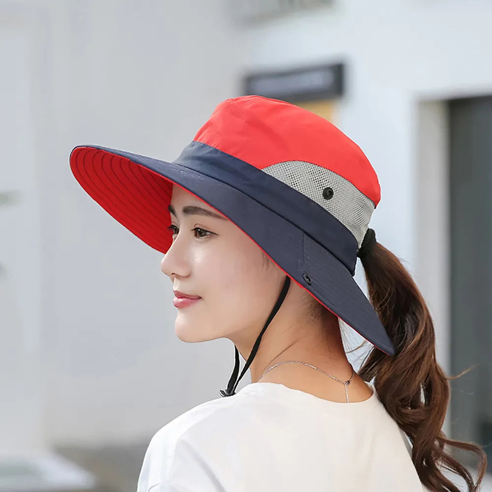 Women Ponytail Bucket Hat For Beach With Strap and Wide Brim