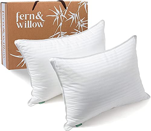 Fern and Willow Pillows for Sleeping - Set of 2 Queen Size Down Alternative Pillow Set w/Luxury Plush Cooling Gel for Side, Back & Stomach Sleepers