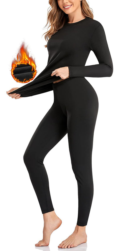 SIMIYA Thermal Underwear Set for Women Long Johns with Fleece Lined Long Sleeves Base Layer Set Top Bottom Black