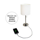 Limelights LT2024-WHT Brushed Steel Lamp with Charging Outlet and Fabric Shade, White