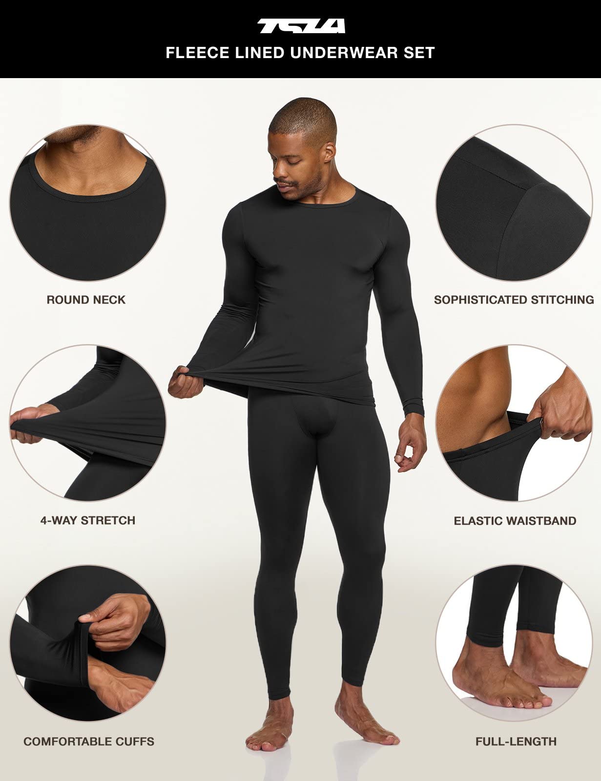 TSLA Men's Thermal Underwear Set, Microfiber Soft Fleece Lined Long Johns, Winter Warm Base Layer Top & Bottom, Soft Micro Fleece Black, Medium