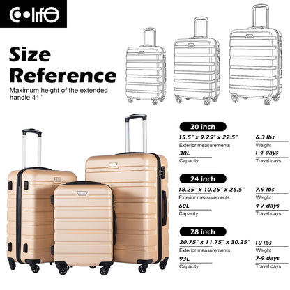Coolife 3-Piece Lightweight Hardside Spinner Luggage Set with TSA