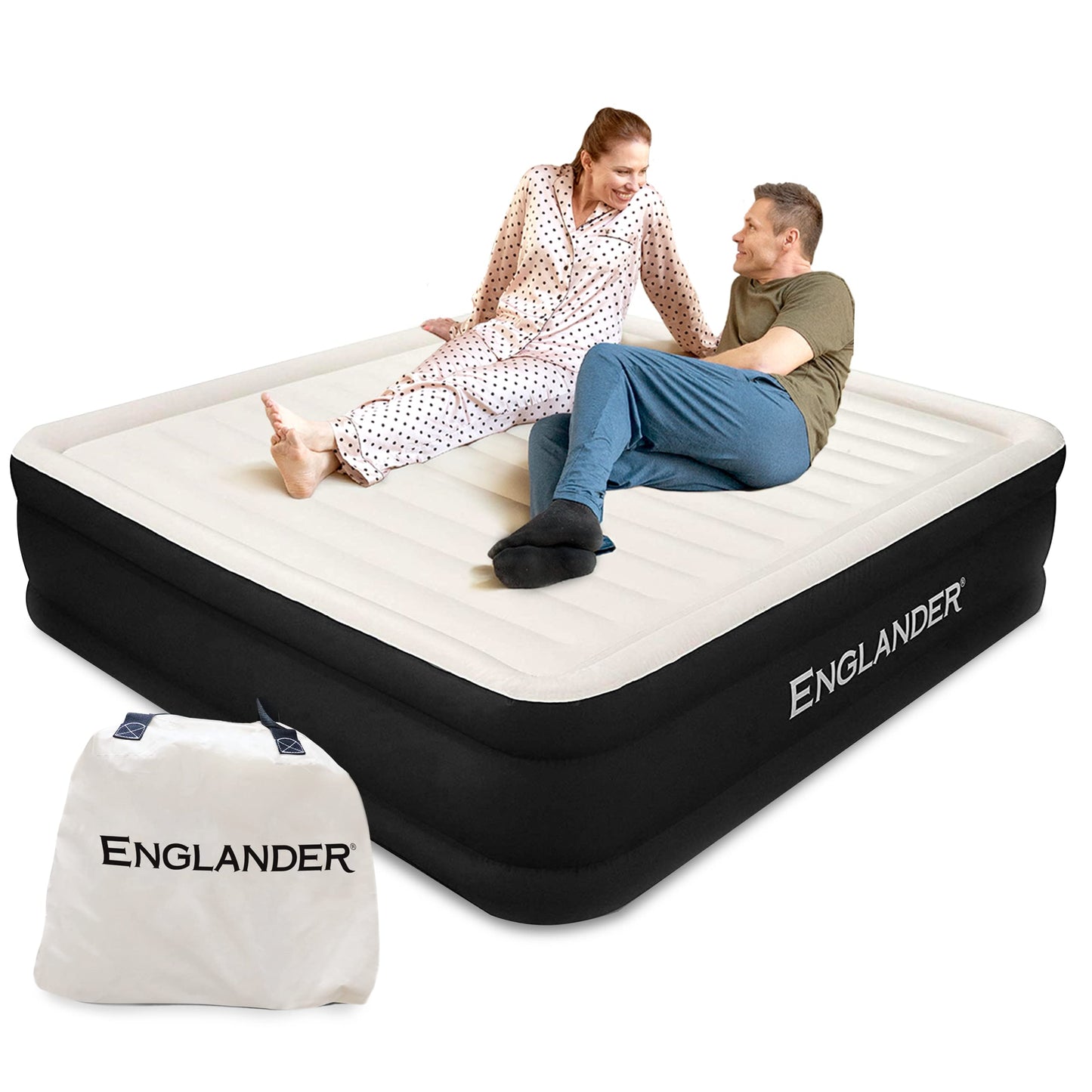 Englander Queen Air Mattress with Built in Pump Raised - Double High, 600 LB Weight Capacity - Luxury Size Camping Mattress - Blow Up Floor Bed for Home - Microfiber, Waterproof Airbed with Patch Kit