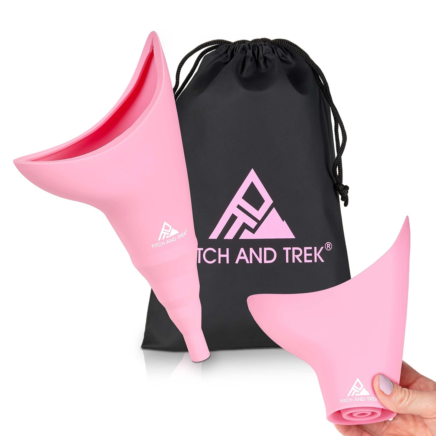 Pitch and Trek Female Urination Device, Silicone Standing Pee Funnel w/Discreet Carry Bag, for Travel, Road Trip, Festival, Camping & Hiking Gear Essentials for Women, Pink