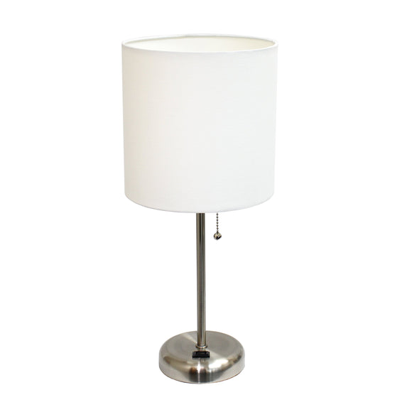 Limelights LT2024-WHT Brushed Steel Lamp with Charging Outlet and Fabric Shade, White