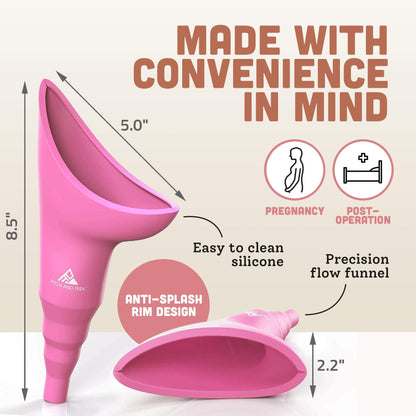 Pitch and Trek Female Urination Device, Silicone Standing Pee Funnel w/Discreet Carry Bag, for Travel, Road Trip, Festival, Camping & Hiking Gear Essentials for Women, Pink