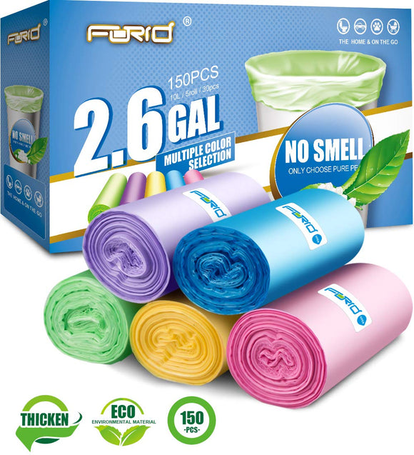 Small Trash Bag, 2.6 Gallon Garbage Bags FORID Bathroom Trash can Liners for Bedroom Home Kitchen 150 Counts 5 Color