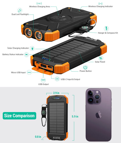 BLAVOR Solar Charger Power Bank, 10,000mAh Portable Wireless Charger with USB C Input/Output for Cell Phones, External Battery Pack with Dual Flashlight for Camping (Orange)
