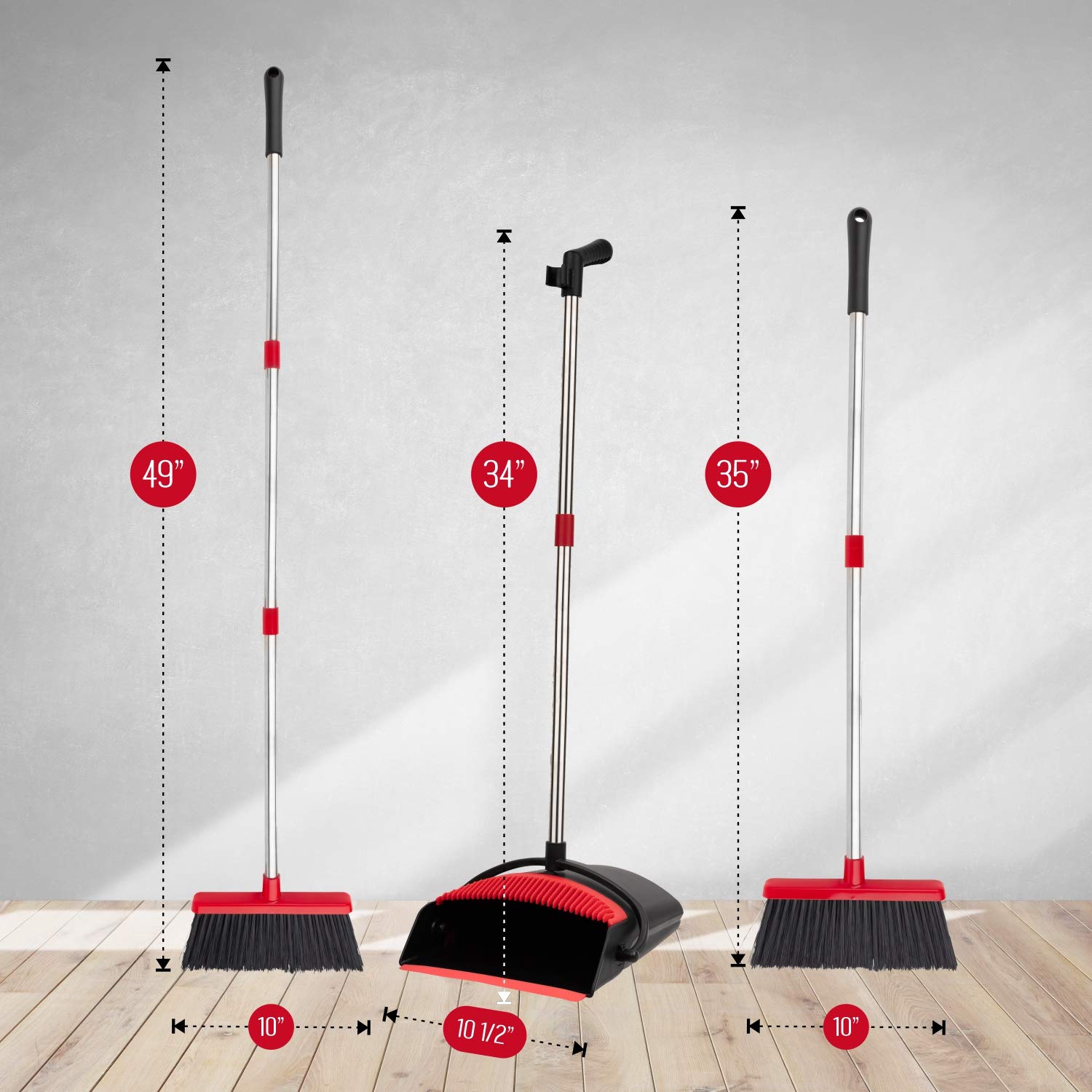 Smart Design Dustpan Broom Set - Non-Slip Comfort Grip Handle - Standing Upright