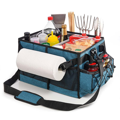 Lorbro Grill Caddy, BBQ Caddy with Paper Towel Holder, Utensil Caddy with Condiment Pocket, Collapsible Picnic Basket Camping Gear Must Haves for Outdoor, Gift, Grilling Tool, Barbecue, RV