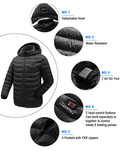 Venustas Heated Jacket with Battery Pack 7.4V (Unisex), 6 heat zones, Heated Coat for Women and Men with Detachable Hood