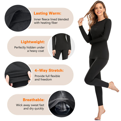 SIMIYA Thermal Underwear Set for Women Long Johns with Fleece Lined Long Sleeves Base Layer Set Top Bottom Black