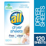 all Fabric Softener Dryer Sheets for Sensitive Skin, Free Clear, 120 Count