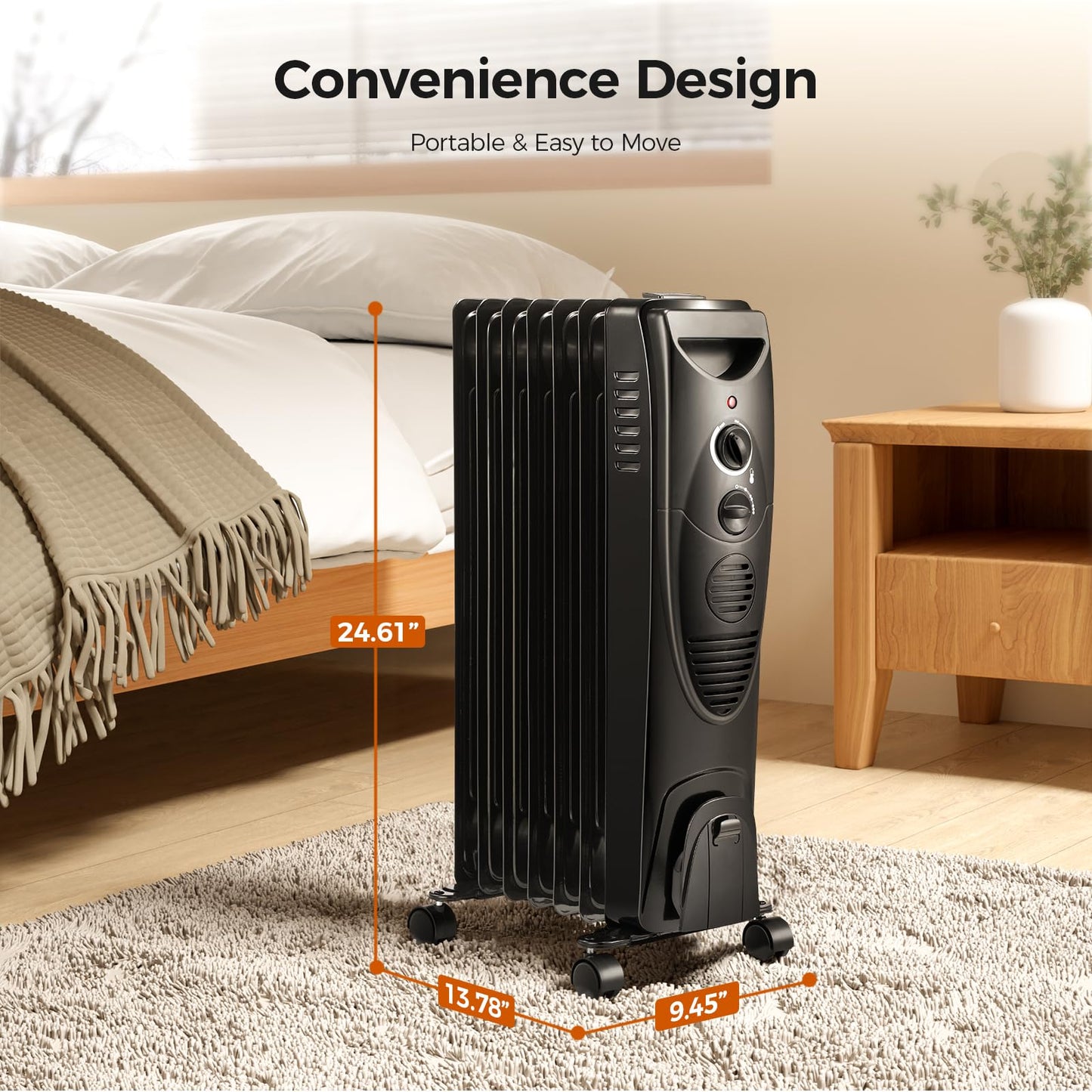Kismile Portable Electric Radiator Heater, Oil Filled with 3 Heat Settings, Adjustable Thermostat, Overheat & Tip-Over Protection For indoor use, 1500W (Black)