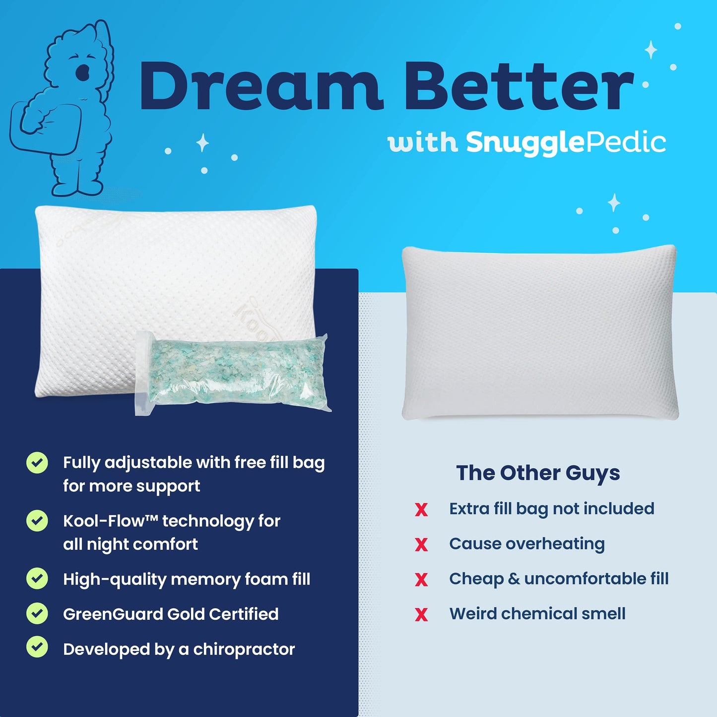 Snuggle-Pedic Gel Memory Foam Cooling Pillow Shredded Memory Foam Pillows for Side, Stomach & Back Sleepers - Keeps Shape - College Dorm Room Essentials for Girls and Guys - Queen