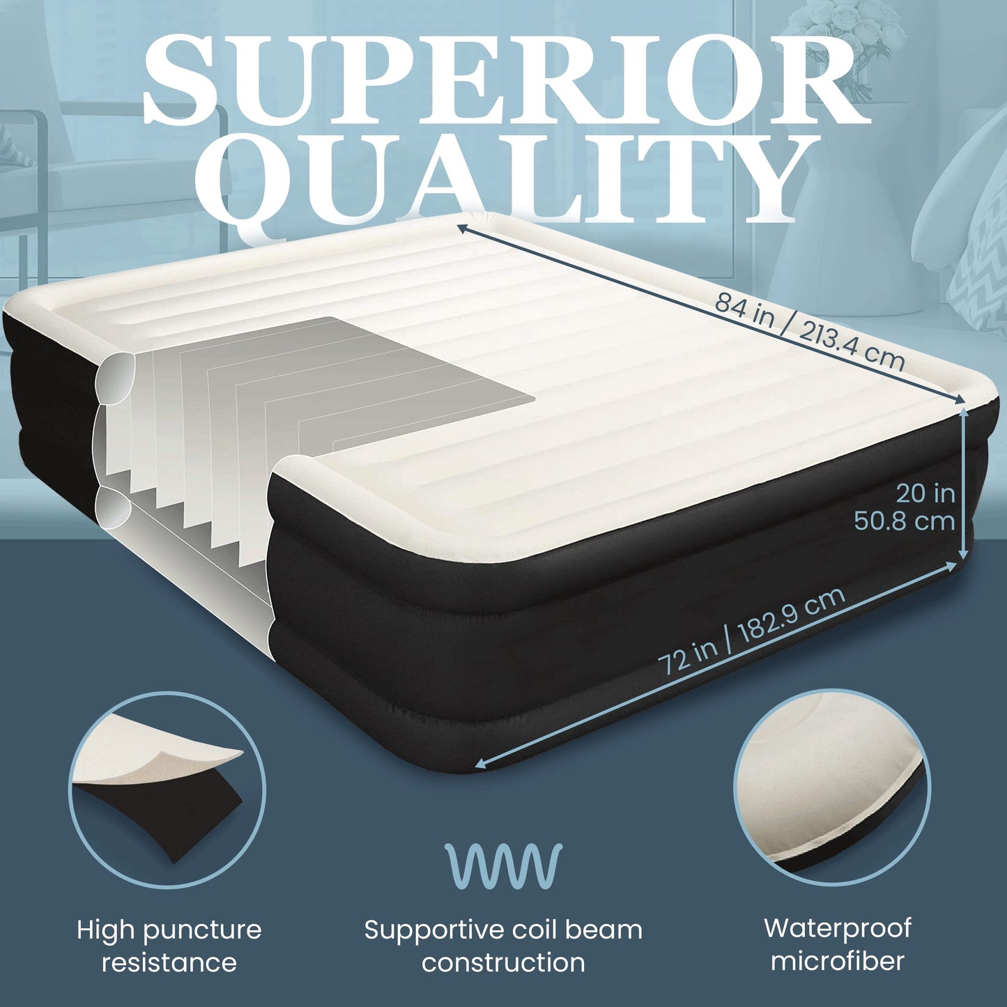 Englander Queen Air Mattress with Built in Pump Raised - Double High, 600 LB Weight Capacity - Luxury Size Camping Mattress - Blow Up Floor Bed for Home - Microfiber, Waterproof Airbed with Patch Kit