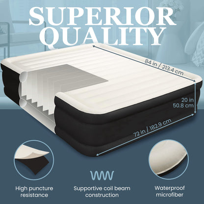 Englander Queen Air Mattress with Built in Pump Raised - Double High, 600 LB Weight Capacity - Luxury Size Camping Mattress - Blow Up Floor Bed for Home - Microfiber, Waterproof Airbed with Patch Kit