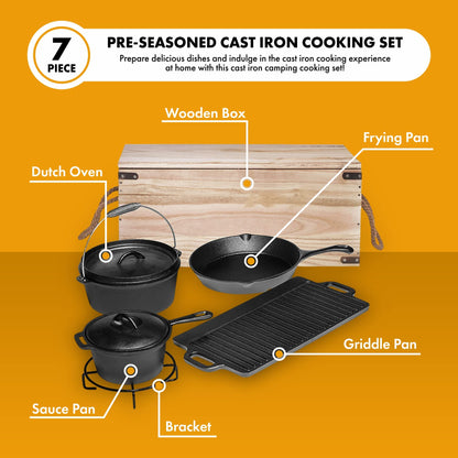 Bruntmor Camping Cooking Set Of 7. Pre Seasoned Cast Iron Pots And Pans Dutch Oven With Lids For Outdoor Comefire. Grill Cookware Skillet Sets With Storage Box