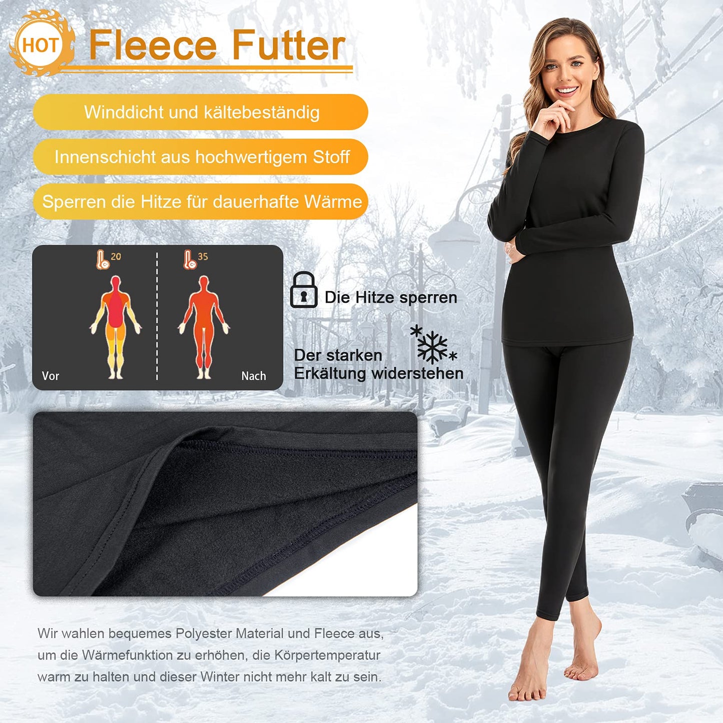 Thermal Underwear for Women Long Underwear Set Long Sleeves Fleece