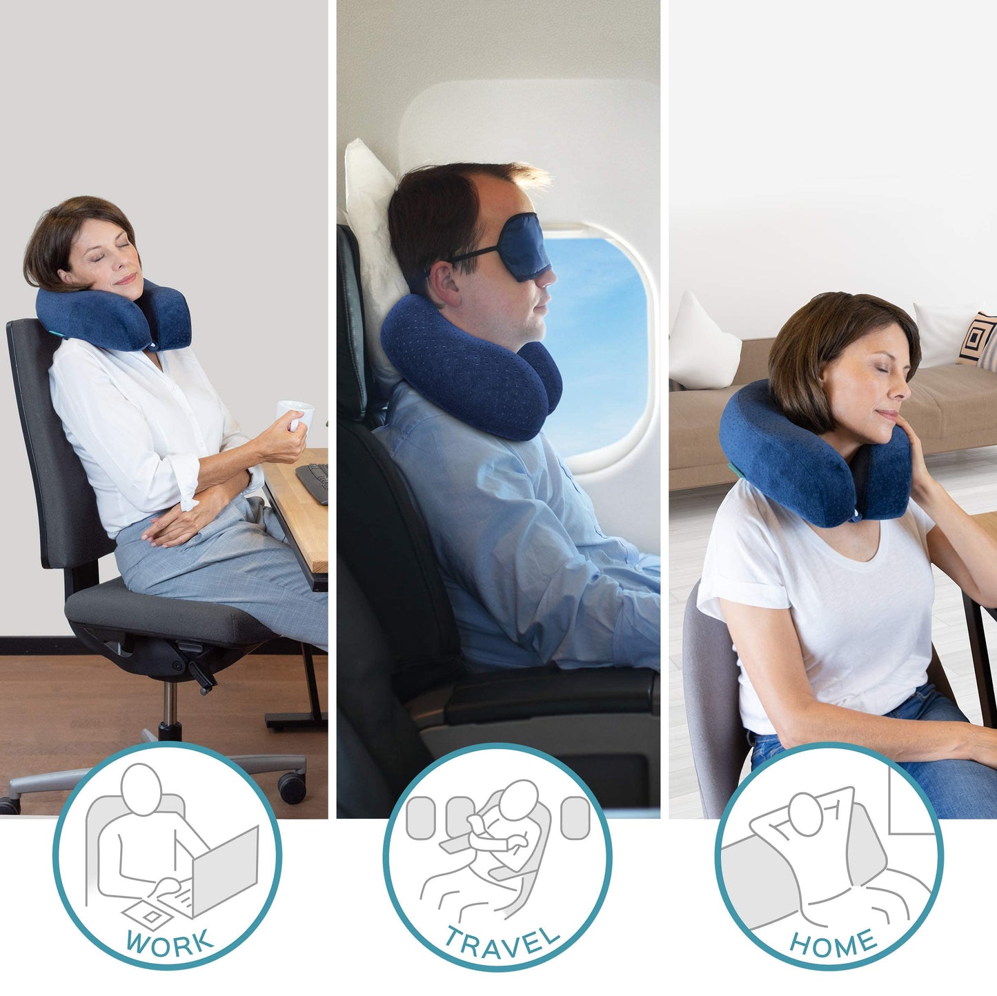 bonmedico Flat Ergonomic Neck Pillow Made from Memory Foam, Flight Pillow, Great as a Cervical Pillow for Home and Office, Travel Pillow for Women and Men, Blue