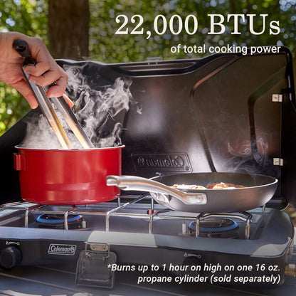 Coleman Triton+ 2-Burner Propane Camping Stove, Push-Button Instant Ignition, Portable Camp Grill, Adjustable Burners, Wind Guards, 22,000 Total BTUs of Power, Beach Cookouts, Backyard BBQ, Tailgating