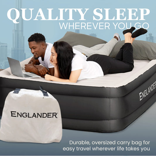 Englander Queen Air Mattress with Built in Pump Raised - Double High, 600 LB Weight Capacity - Luxury Size Camping Mattress - Blow Up Floor Bed for Home - Microfiber, Waterproof Airbed with Patch Kit