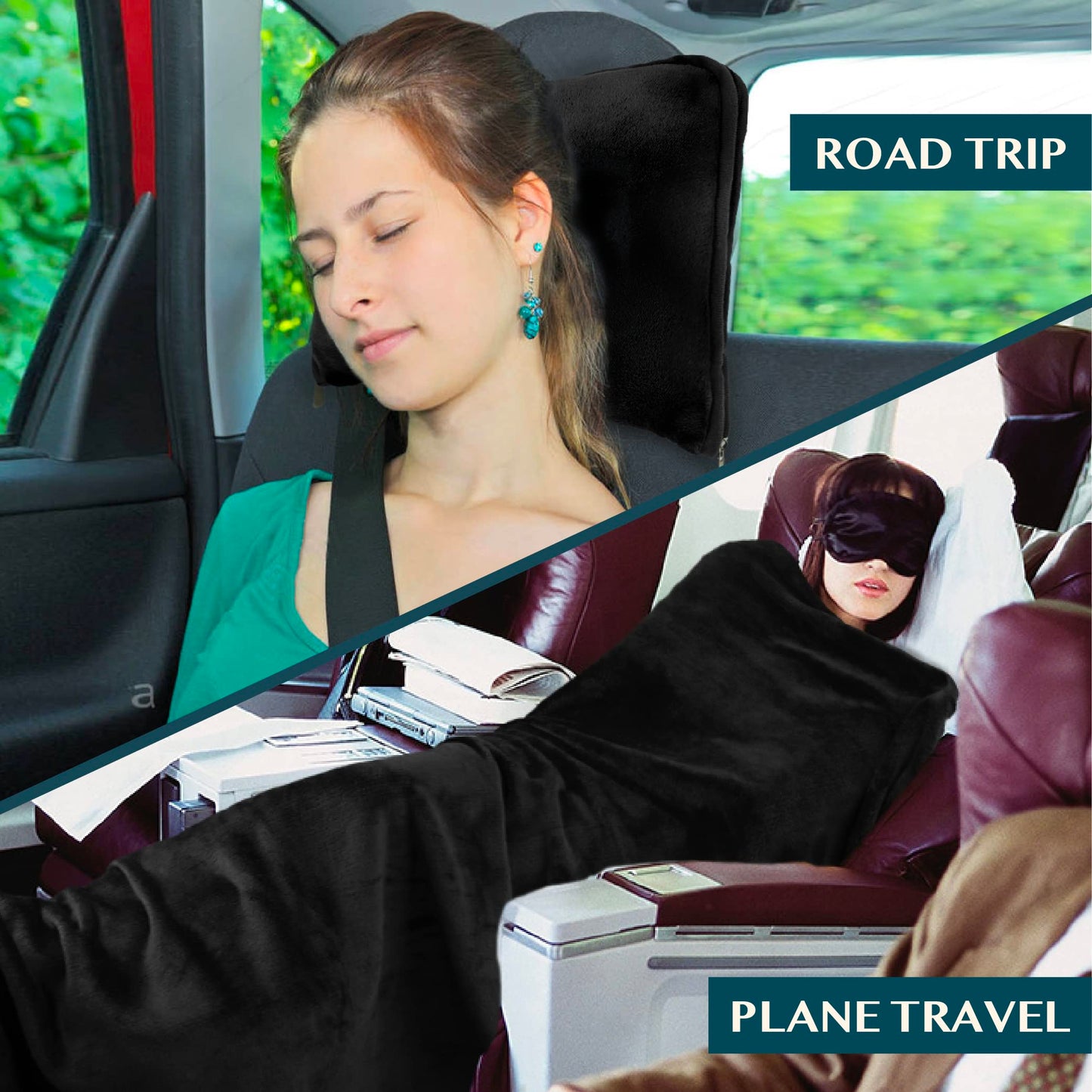 PAVILIA Travel Blanket Pillow, Soft Airplane Blanket 2-in-1 Combo Set, Plane Blanket Compact Packable, Flight Essentials Car Pillow, Travelers Gifts Accessories, Luggage Backpack Strap, 60x43 Black