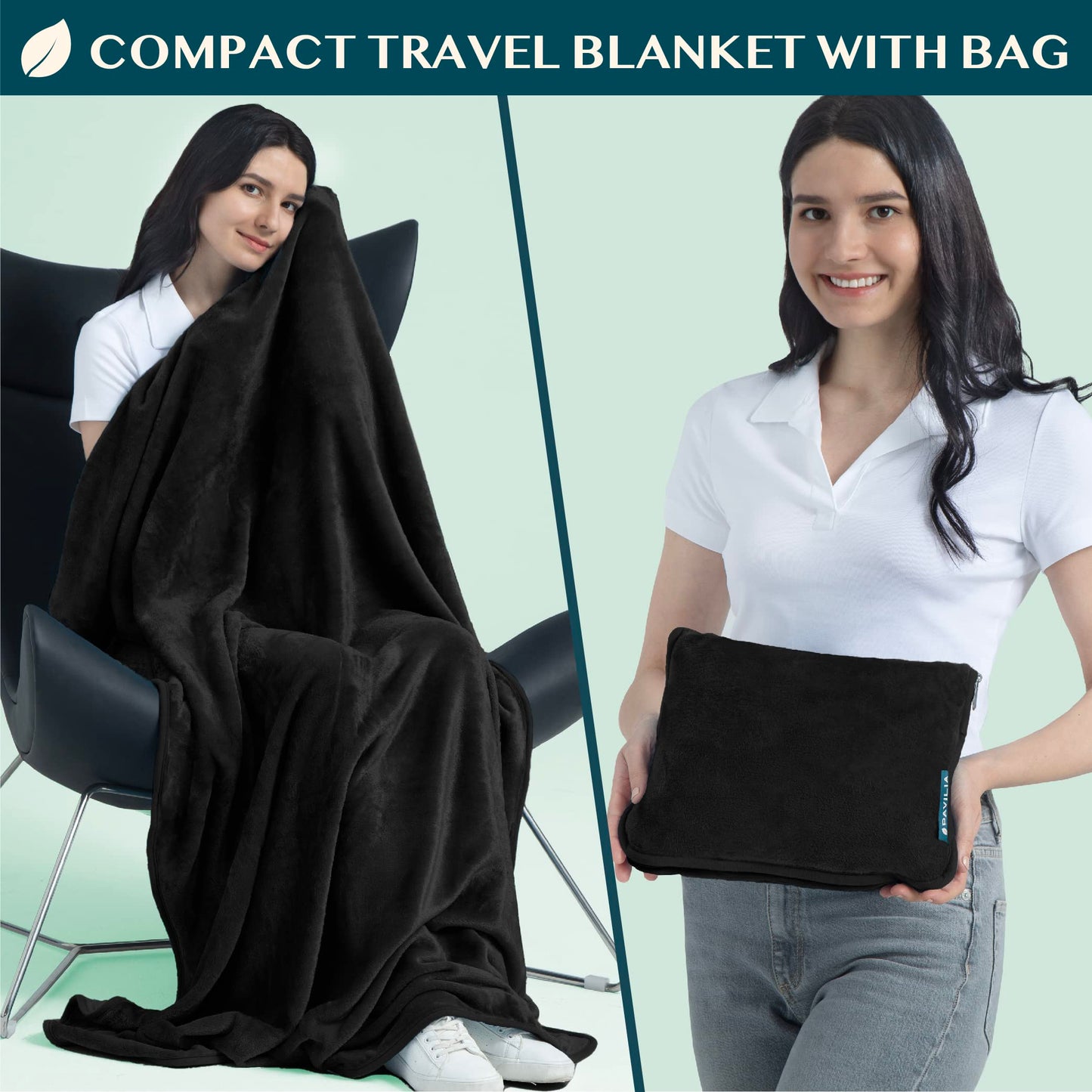 PAVILIA Travel Blanket Pillow, Soft Airplane Blanket 2-in-1 Combo Set, Plane Blanket Compact Packable, Flight Essentials Car Pillow, Travelers Gifts Accessories, Luggage Backpack Strap, 60x43 Black