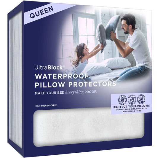 UltraBlock Queen Size Waterproof Pillow Protector (2 Pack) – Zippered Terry Cotton Pillow Cover
