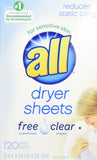 all Fabric Softener Dryer Sheets for Sensitive Skin, Free Clear, 120 Count