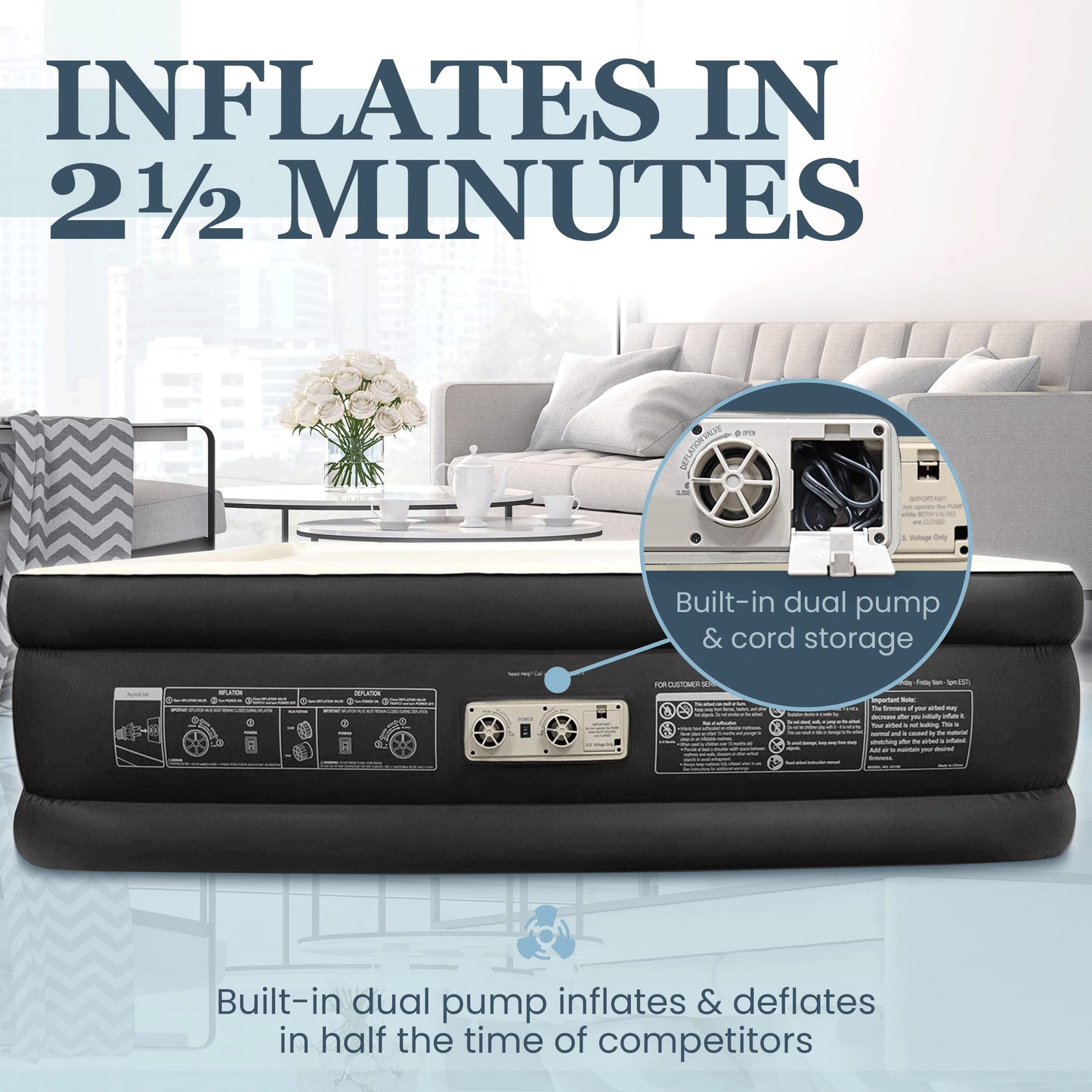 Englander Queen Air Mattress with Built in Pump Raised - Double High, 600 LB Weight Capacity - Luxury Size Camping Mattress - Blow Up Floor Bed for Home - Microfiber, Waterproof Airbed with Patch Kit