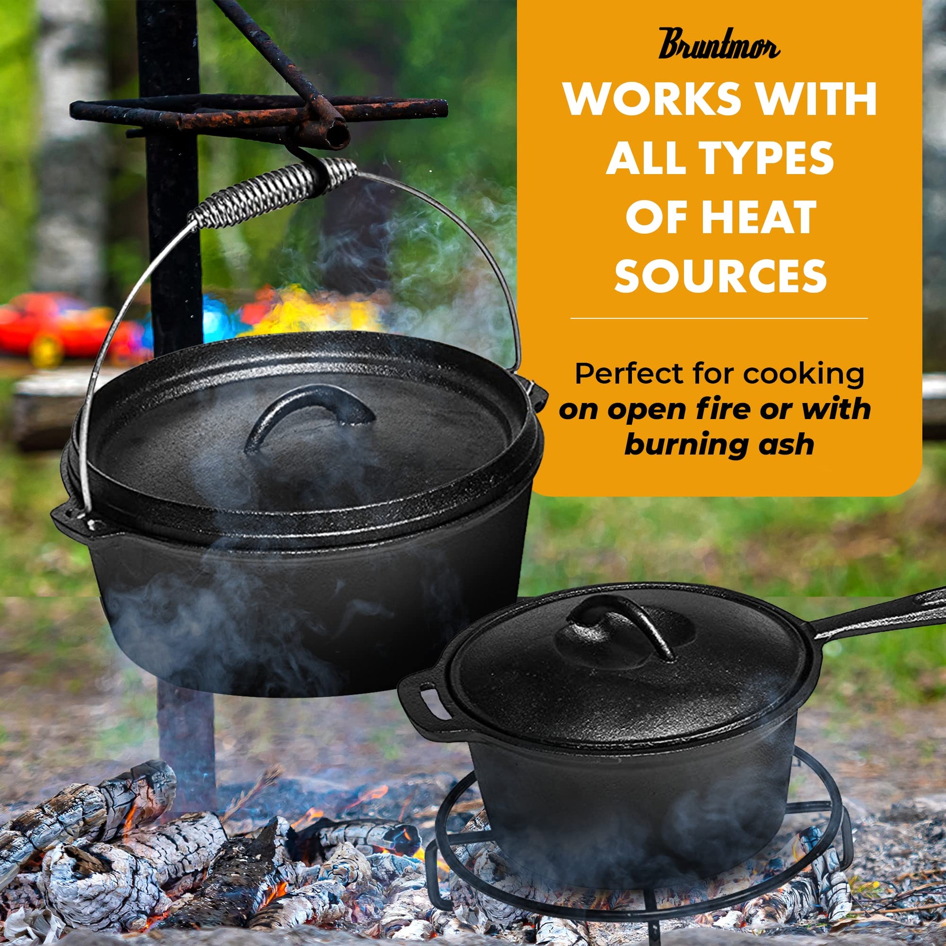 Bruntmor Camping Cooking Set Of Pre Seasoned Cast Iron Pots And