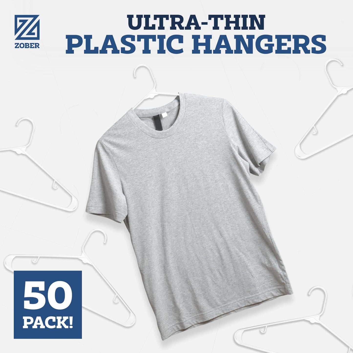 Zober Plastic Hangers 50 Pack - Standard Set of Slim Heavy Duty Clothes Hangers w/Hooks for Coats, Jackets & Pants for Everyday Use, White