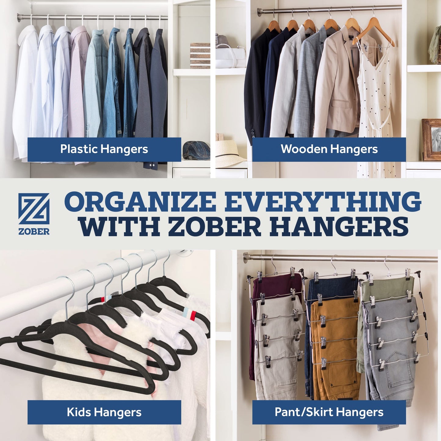 Zober Plastic Hangers 50 Pack - Standard Set of Slim Heavy Duty Clothes Hangers w/Hooks for Coats, Jackets & Pants for Everyday Use, White