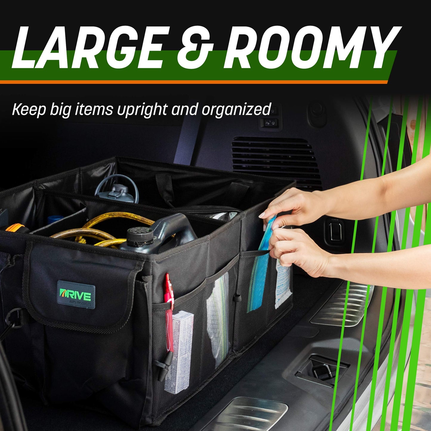 DRIVE AUTO PRODUCTS - Compact Black Car Trunk Organizer with Adjustable Straps - Car Trunk Grocery Organizer