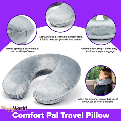 Crafty World Neck Pillow for Traveling, Comfort Pal Memory Foam Travel Pillow with Carry Bag and Washable Cover - Eliminate Neck Pain in Cars, Planes, or When Sleeping at Home