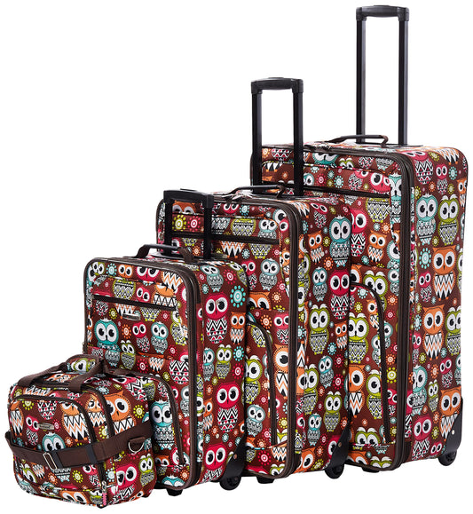 Rockland Jungle Softside Upright Luggage Set, Expandable, Owl, 4-Piece (14/29/24/28)