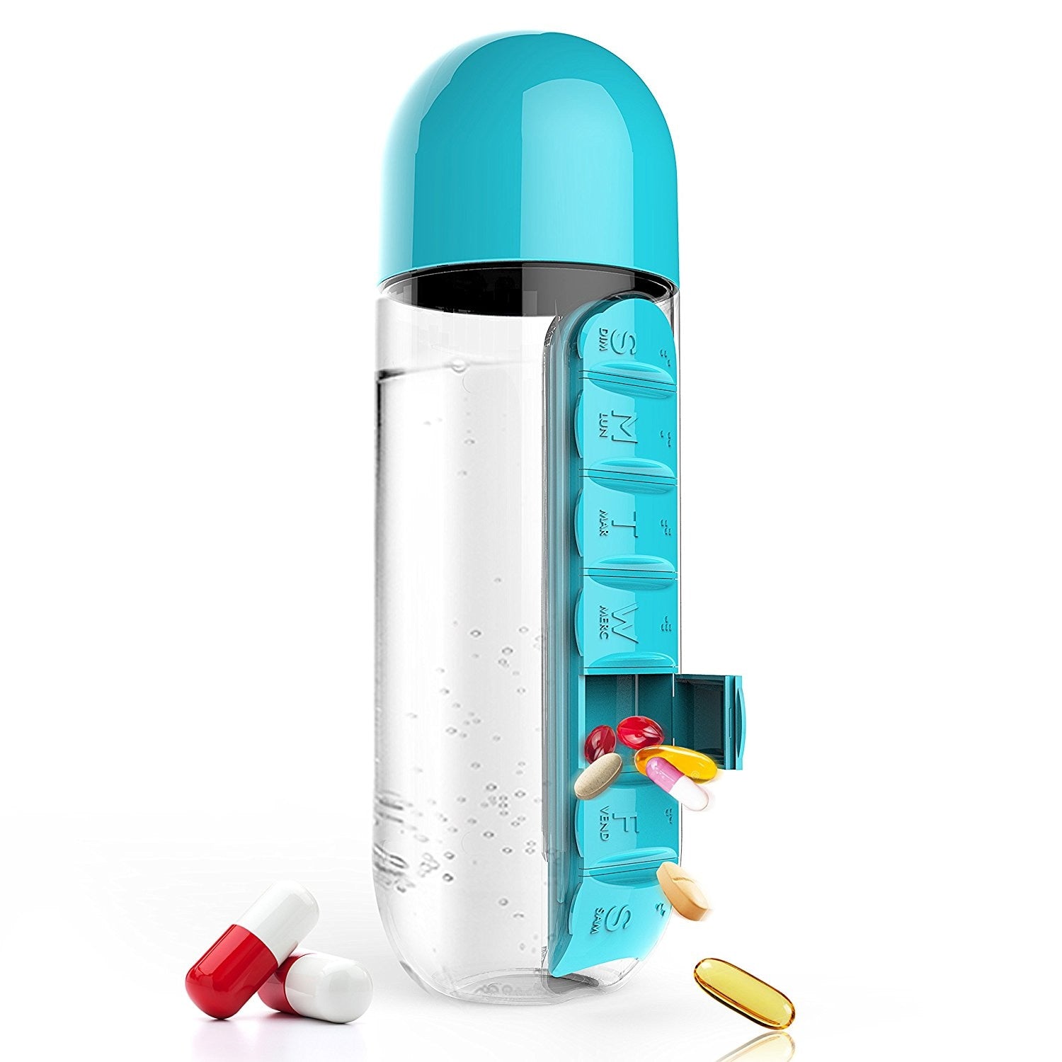 blue Water Bottle with Pill Box